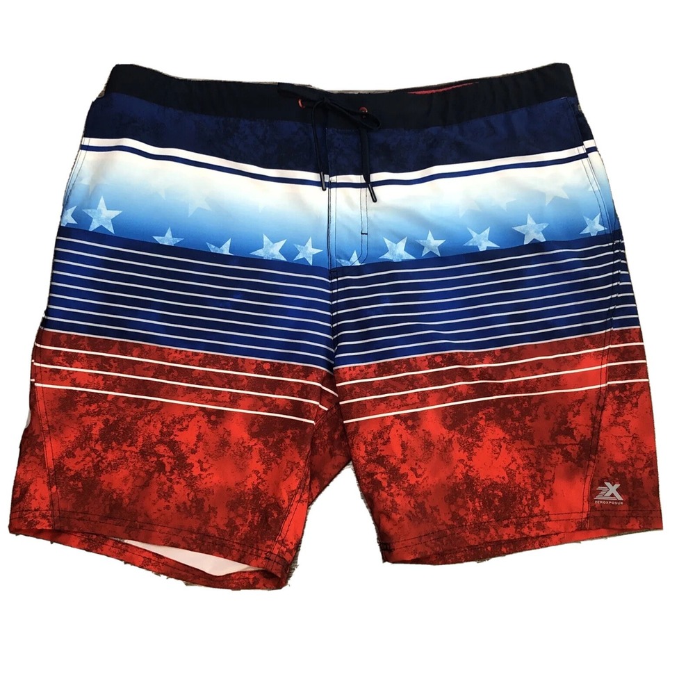 ZEROXPOSURE Mens Red White Blue SWIM SUIT SHORTS TRUNKS Stars Stripes Pocket XXL